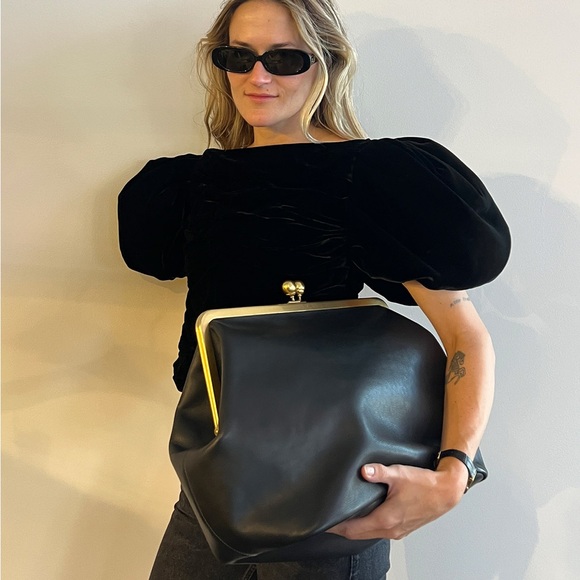 COACH Large Kisslock Frame Bag Designer Black Leather Clutch with Gold NEW TAGS - Picture 4 of 17